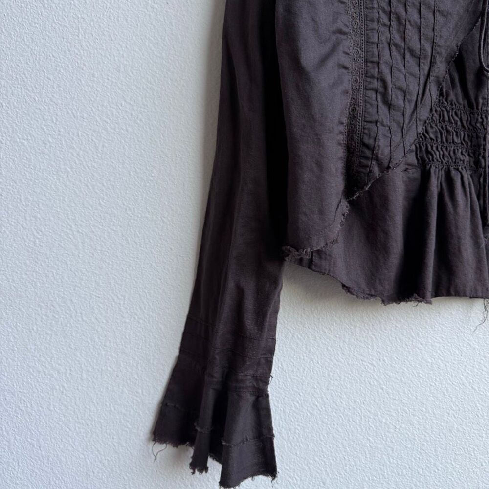 Vintage Y2K Bell Sleeve Ruffle Tie Front Brown 2000’s Blouse Top Size Medium - Picture 2 of 6